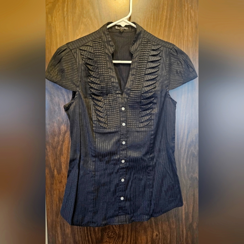 Express Black Pleated Button-Up Blouse